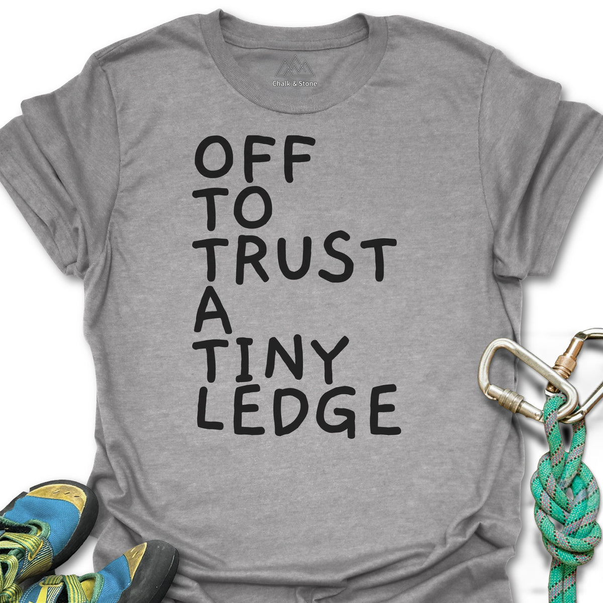 Off To Trust A Tiny Ledge Tee in Sport Grey — flat lay mockup
