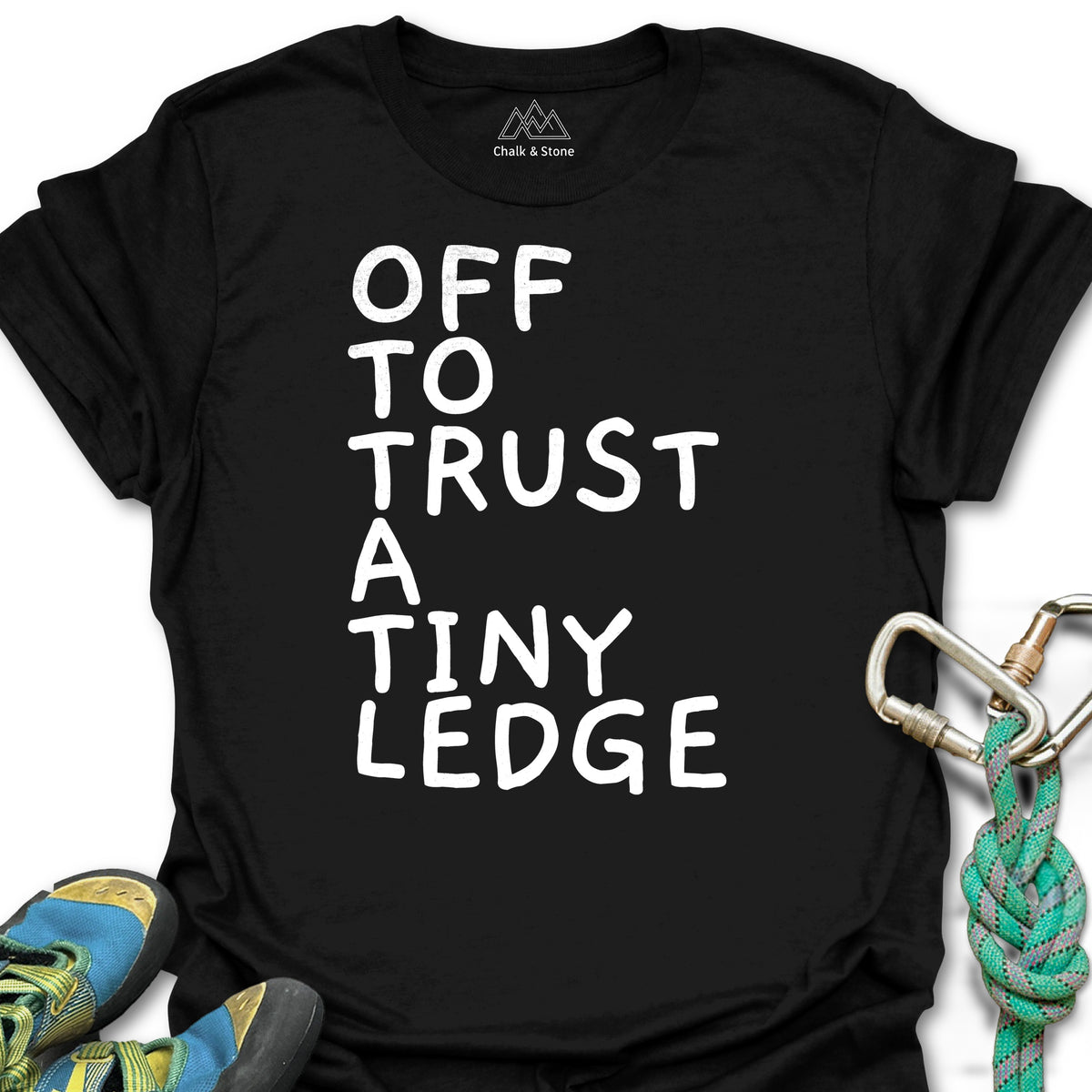 Off To Trust A Tiny Ledge White Tee in Black — flat lay mockup