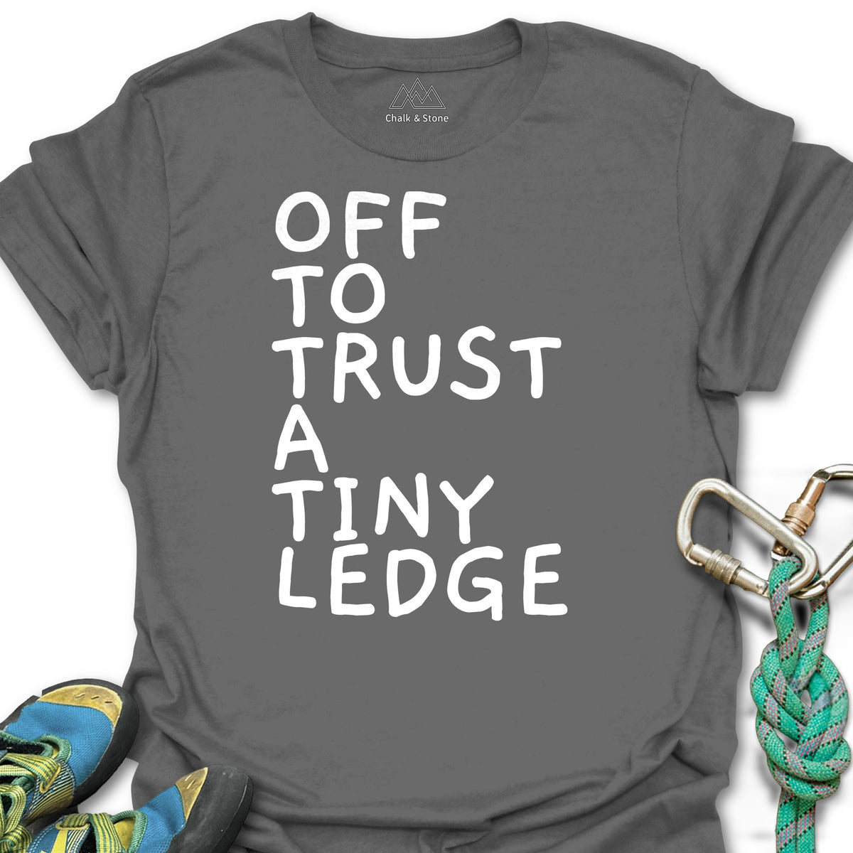 Off To Trust A Tiny Ledge White Tee in Charcoal — flat lay mockup