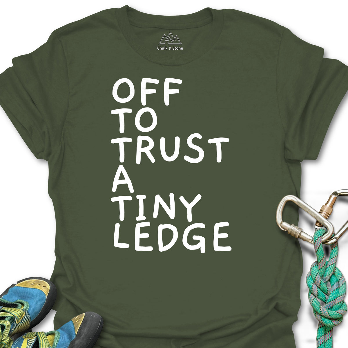 Off To Trust A Tiny Ledge White Tee in Military Green — flat lay mockup