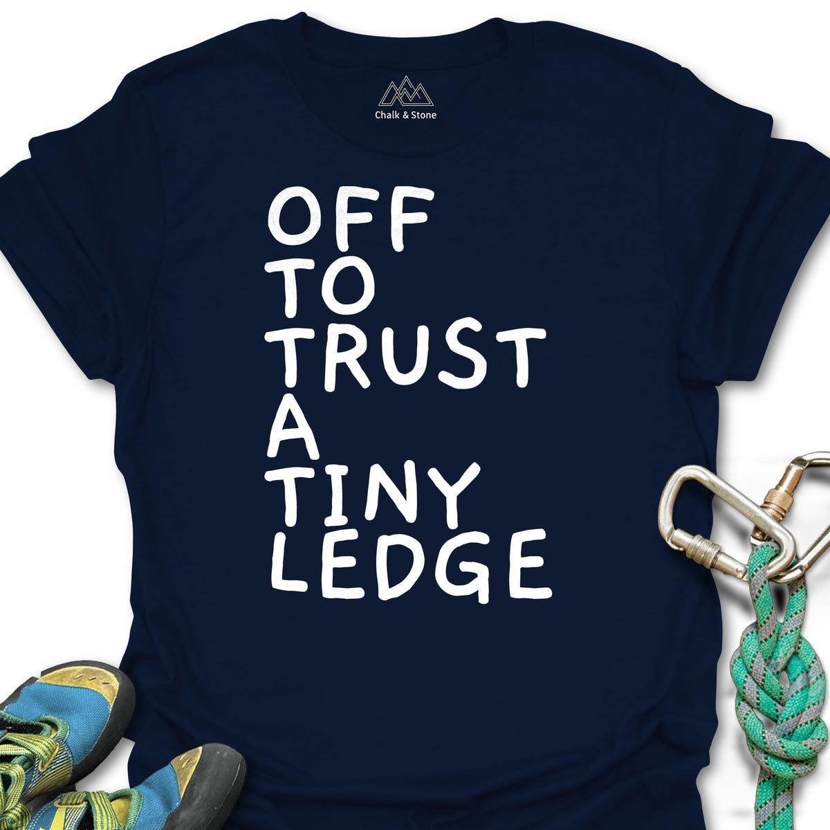 Off To Trust A Tiny Ledge White Tee in Navy — flat lay mockup