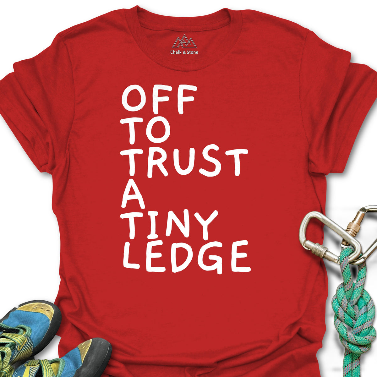 Off To Trust A Tiny Ledge White Tee in Red — flat lay mockup