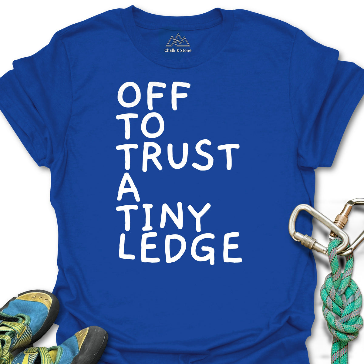 Off To Trust A Tiny Ledge White Tee in Royal — flat lay mockup
