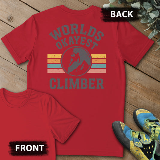Okayest Climber Backprint Tee in Red — flat lay mockup