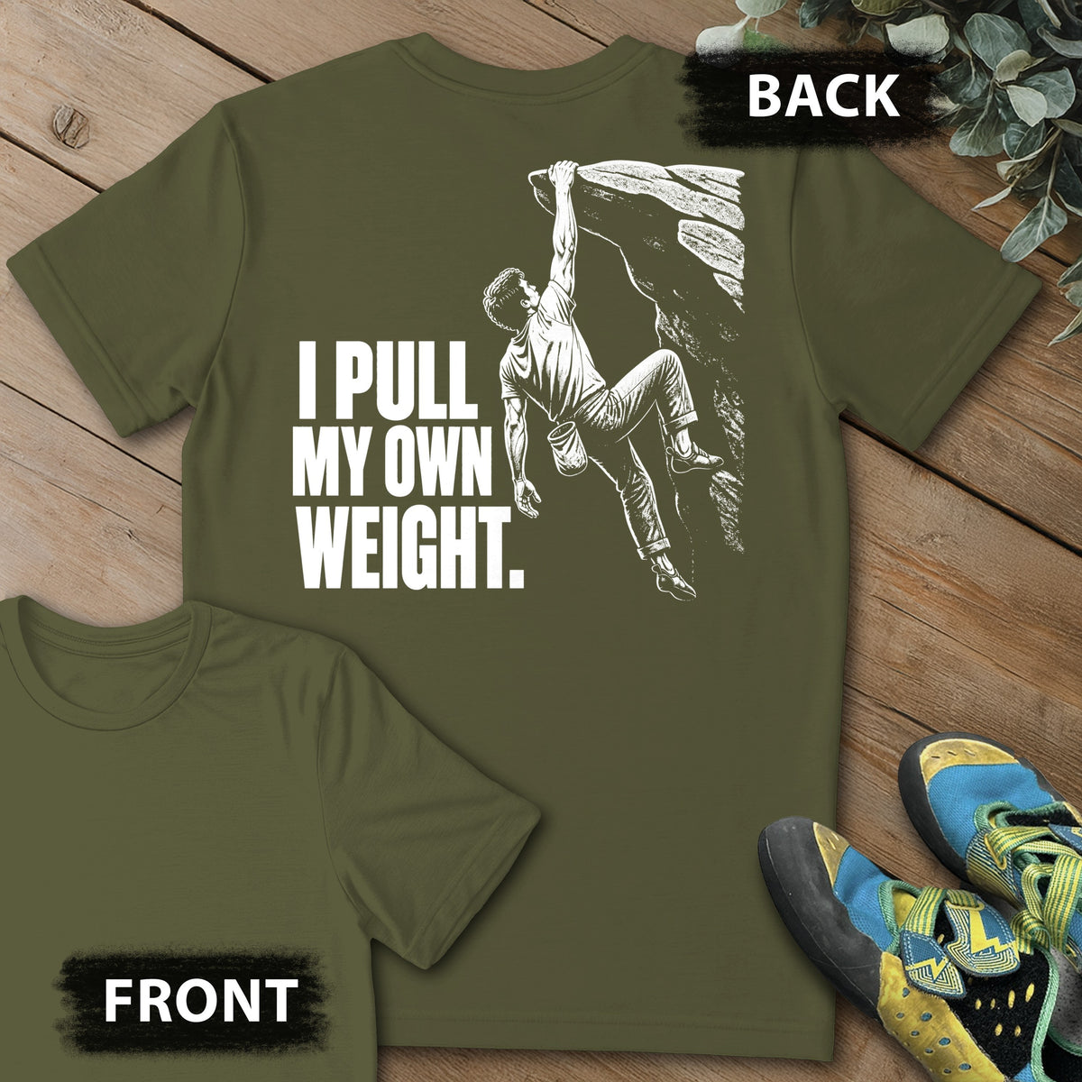 Own Weight Backprint Tee in Military Green — flat lay mockup