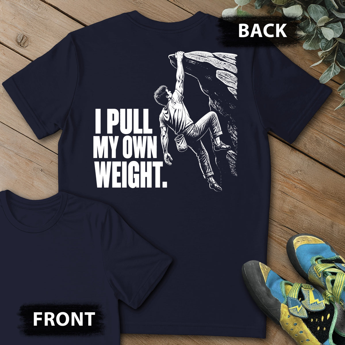 Own Weight Backprint Tee in Navy — flat lay mockup
