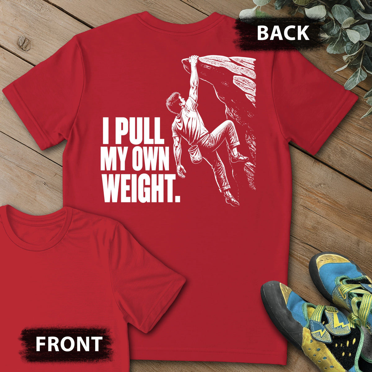 Own Weight Backprint Tee in Red — flat lay mockup