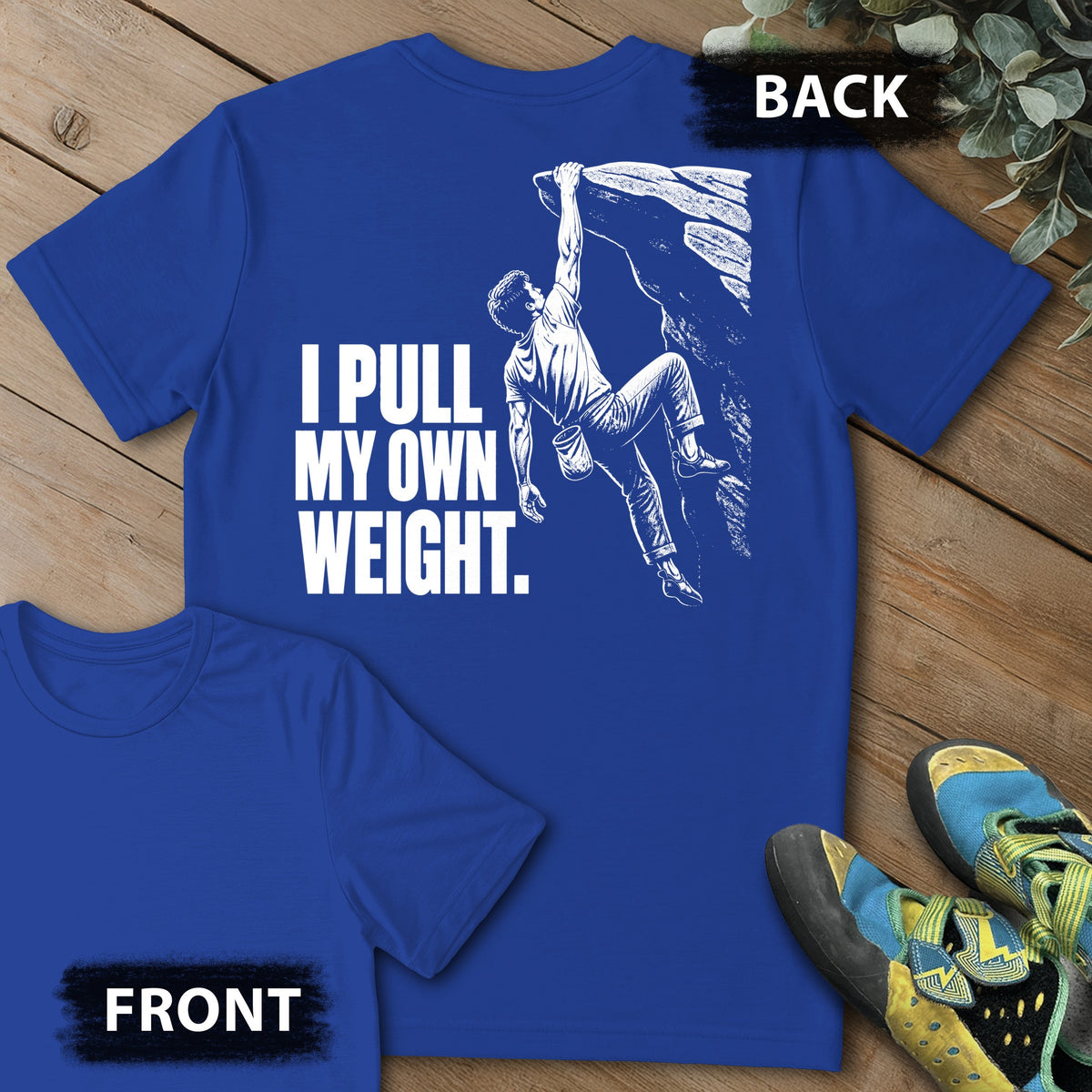 Own Weight Backprint Tee in Royal — flat lay mockup