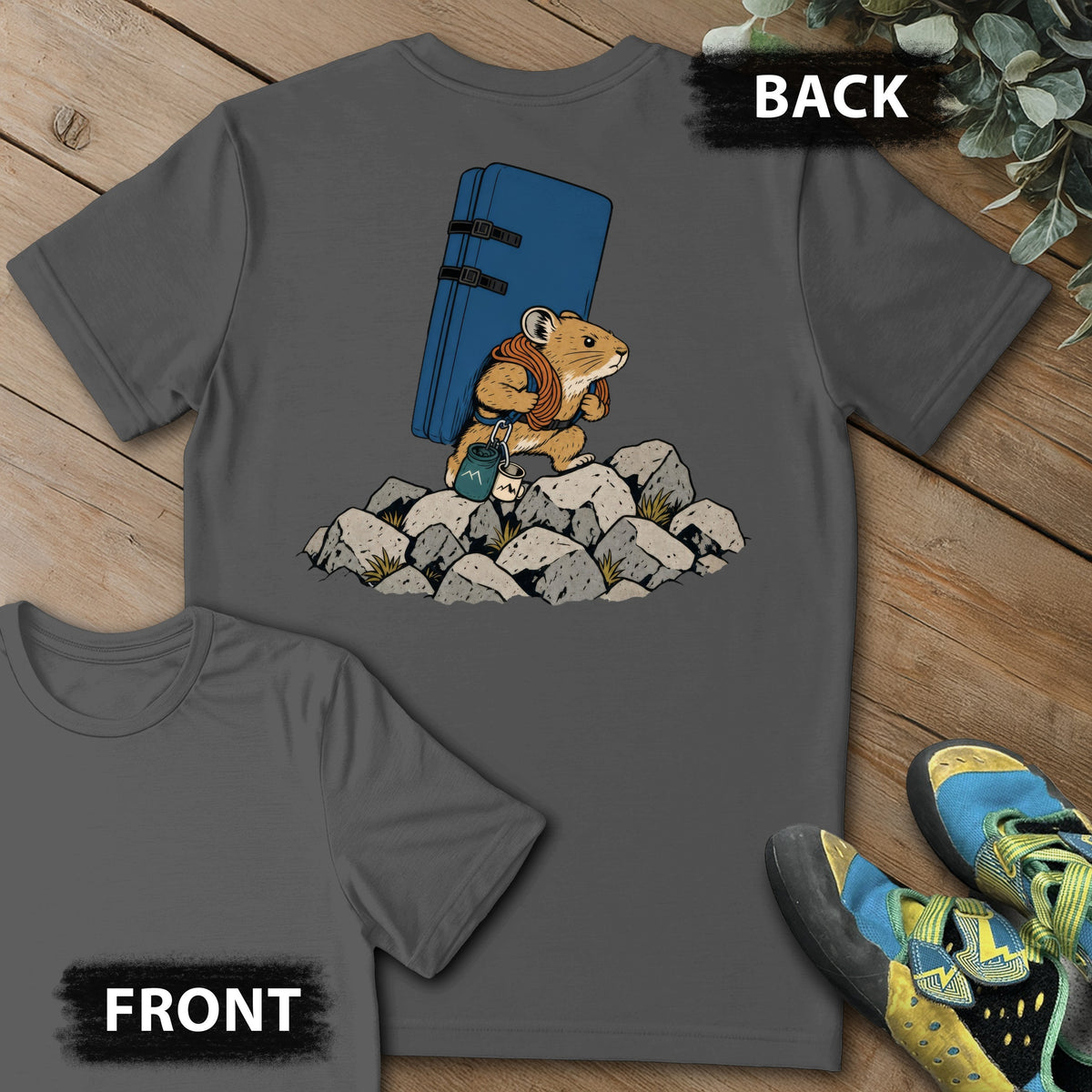 Pika Approach Backprint Tee in Charcoal — flat lay mockup