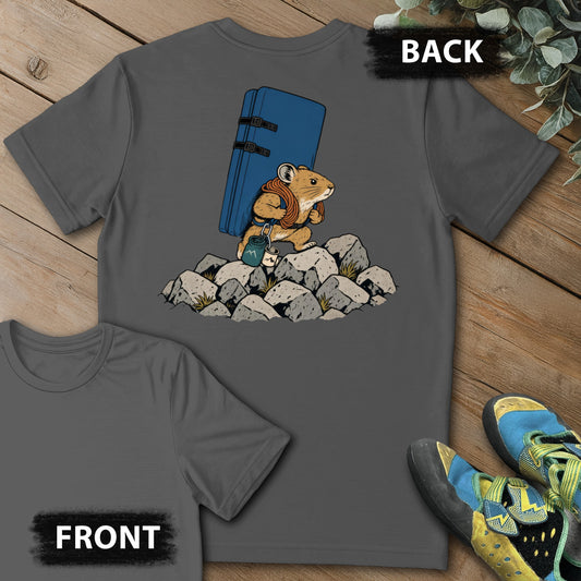 Pika Approach Backprint Tee in Charcoal — flat lay mockup