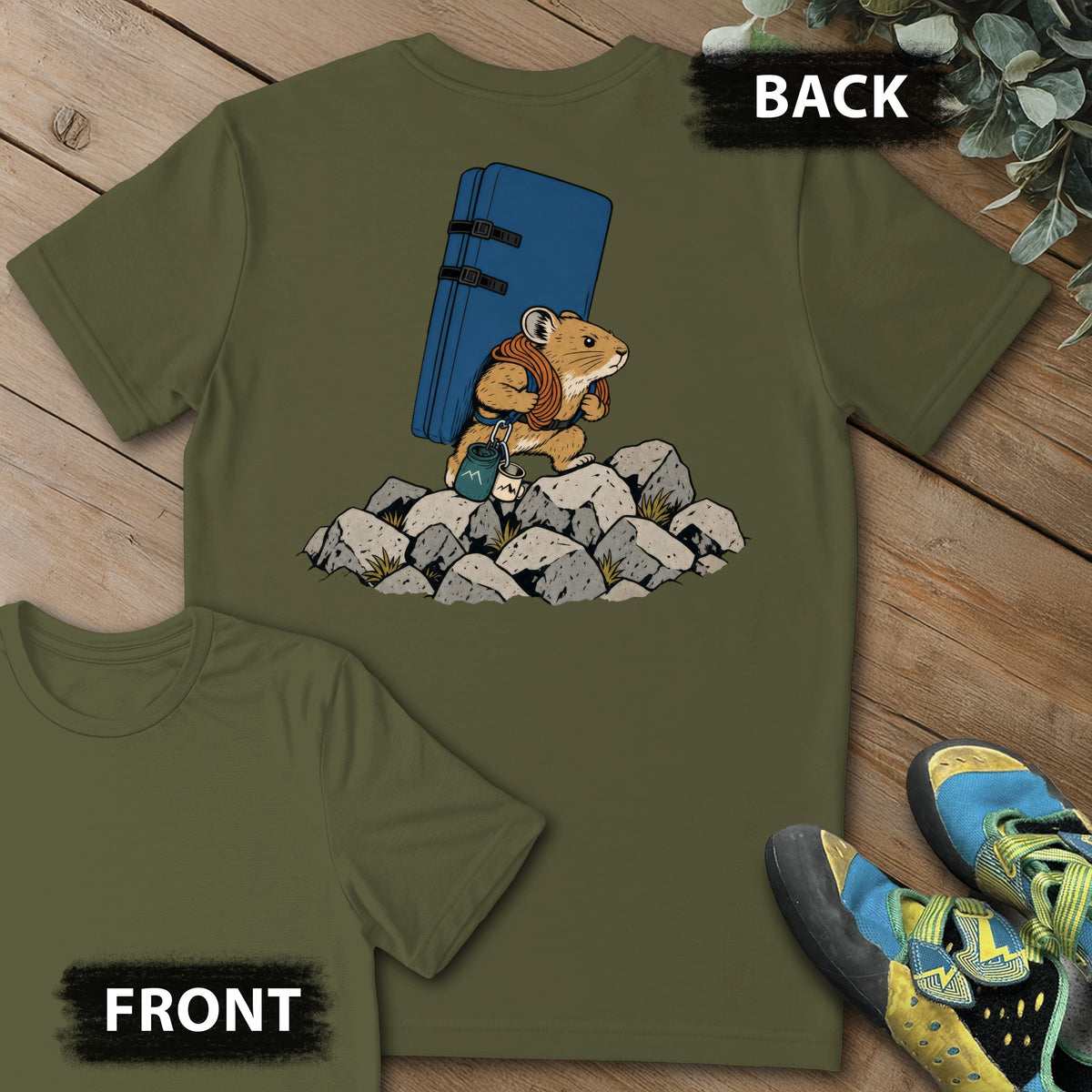 Pika Approach Backprint Tee in Military Green — flat lay mockup
