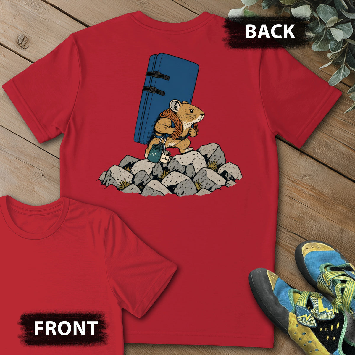 Pika Approach Backprint Tee in Red — flat lay mockup