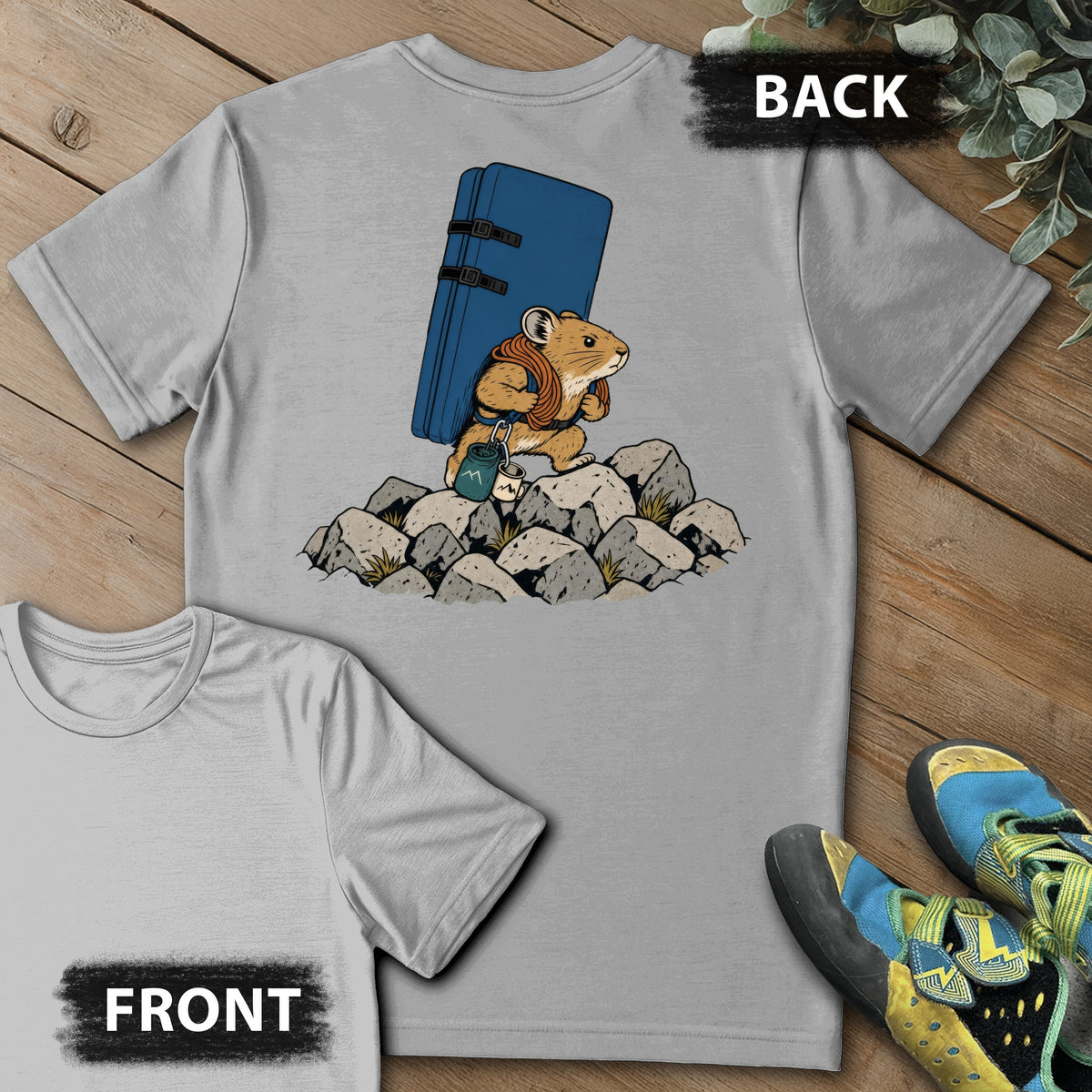 Pika Approach Backprint Tee in Sport Grey — flat lay mockup