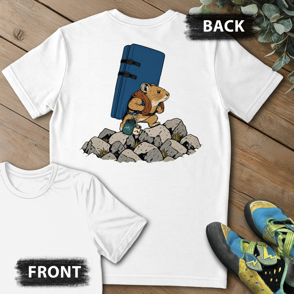 Pika Approach Backprint Tee in White — flat lay mockup