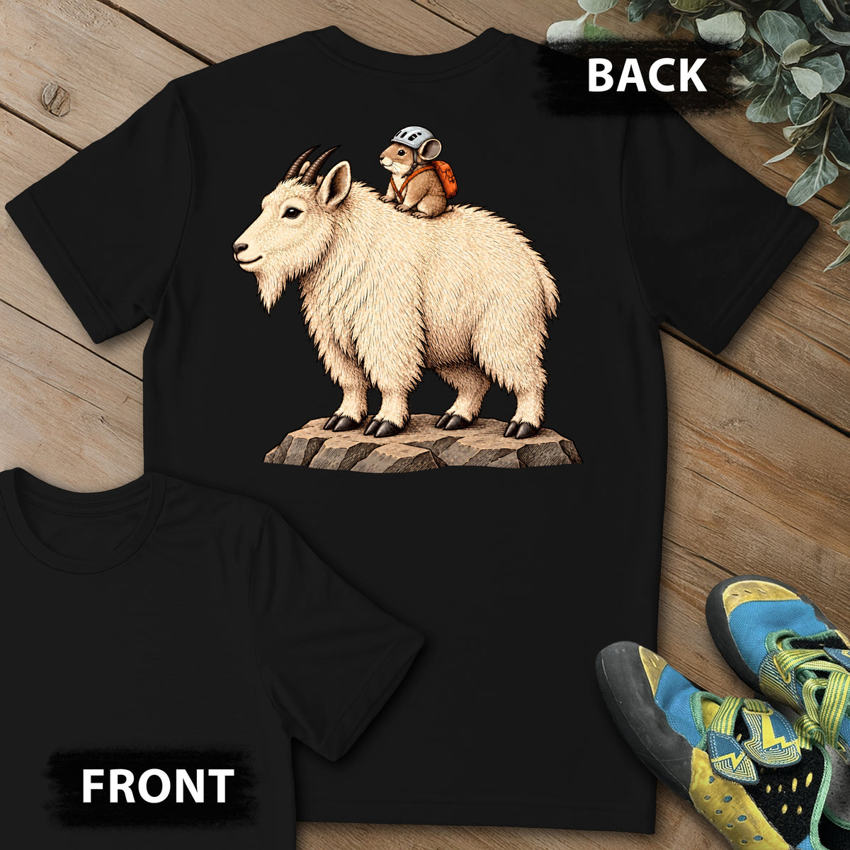 Pika On A Ride Backprint Tee in Black — flat lay mockup