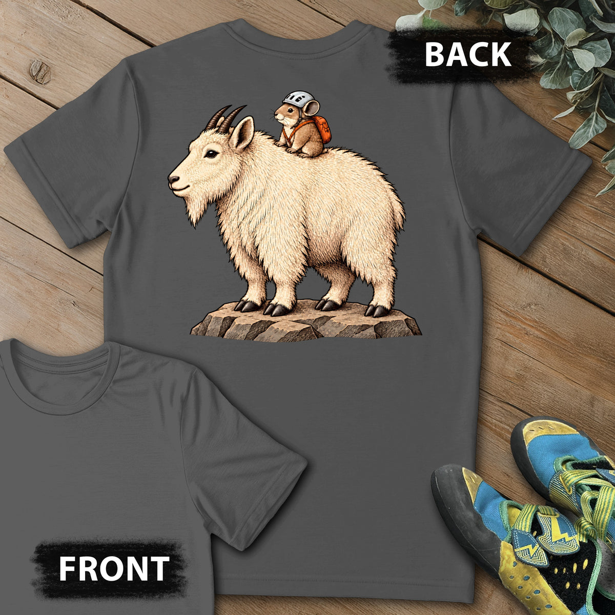 Pika On A Ride Backprint Tee in Charcoal — flat lay mockup