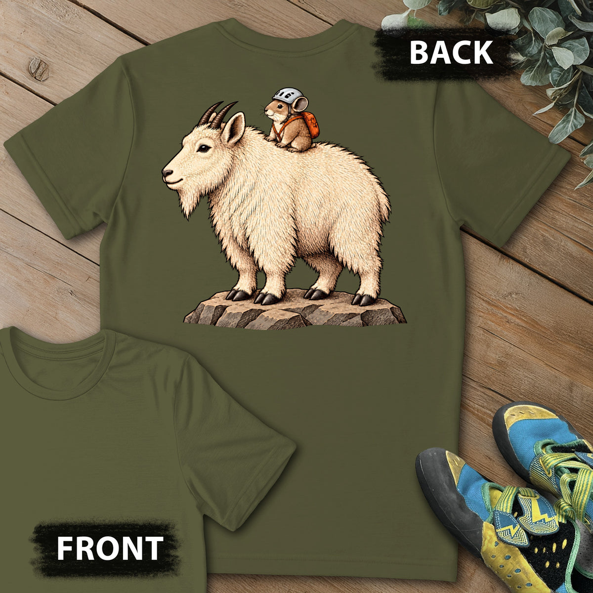 Pika On A Ride Backprint Tee in Military Green — flat lay mockup