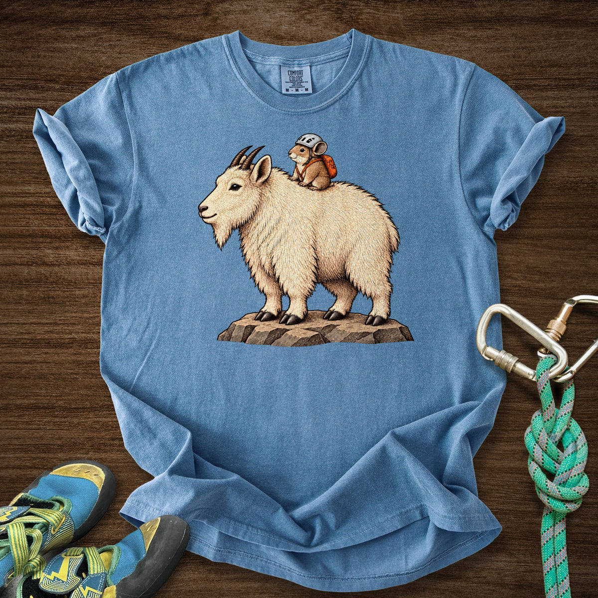 Pika On A Ride Premium in Blue Jean — flat lay mockup