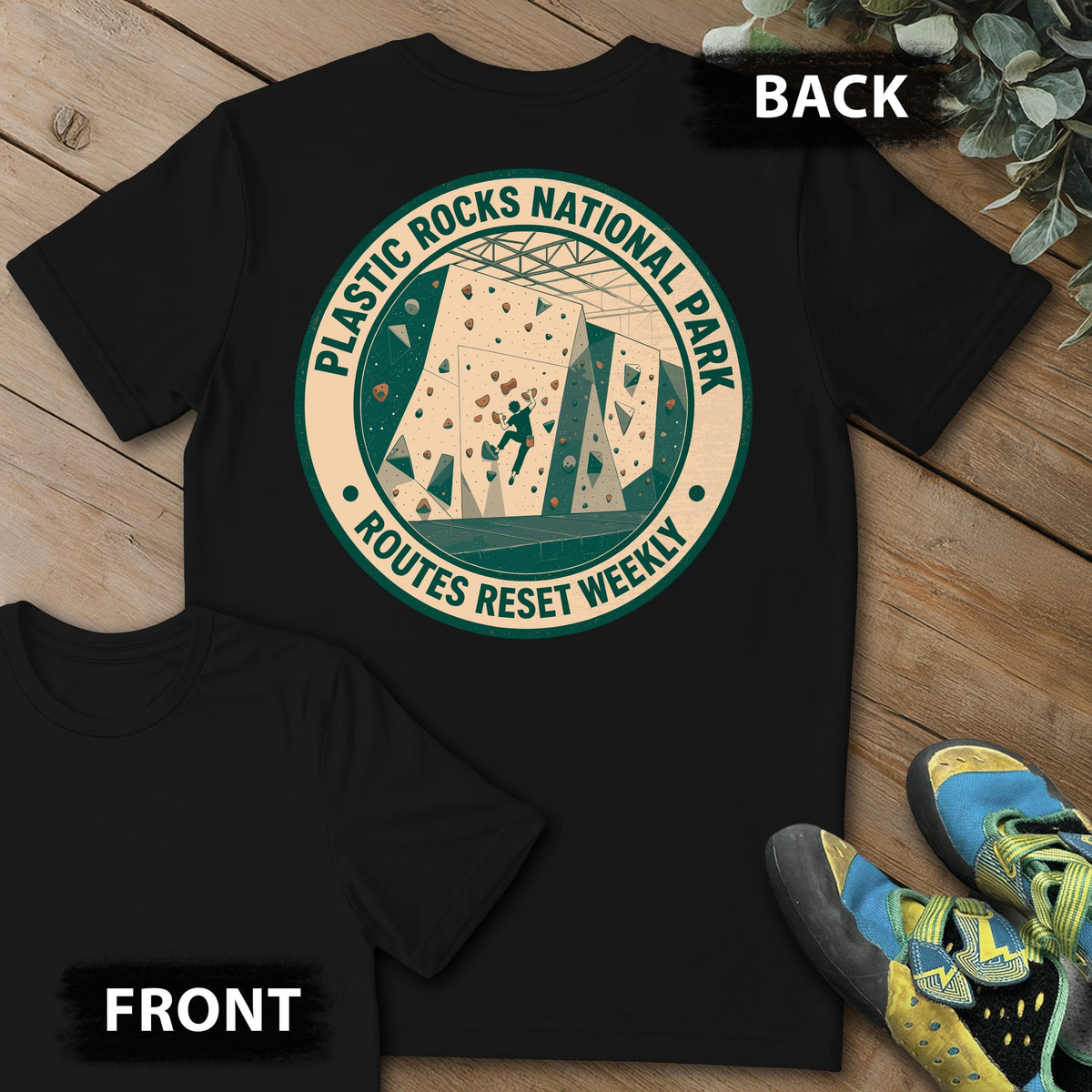 Plastic Rocks Natl Park Backprint Tee in Black — flat lay mockup