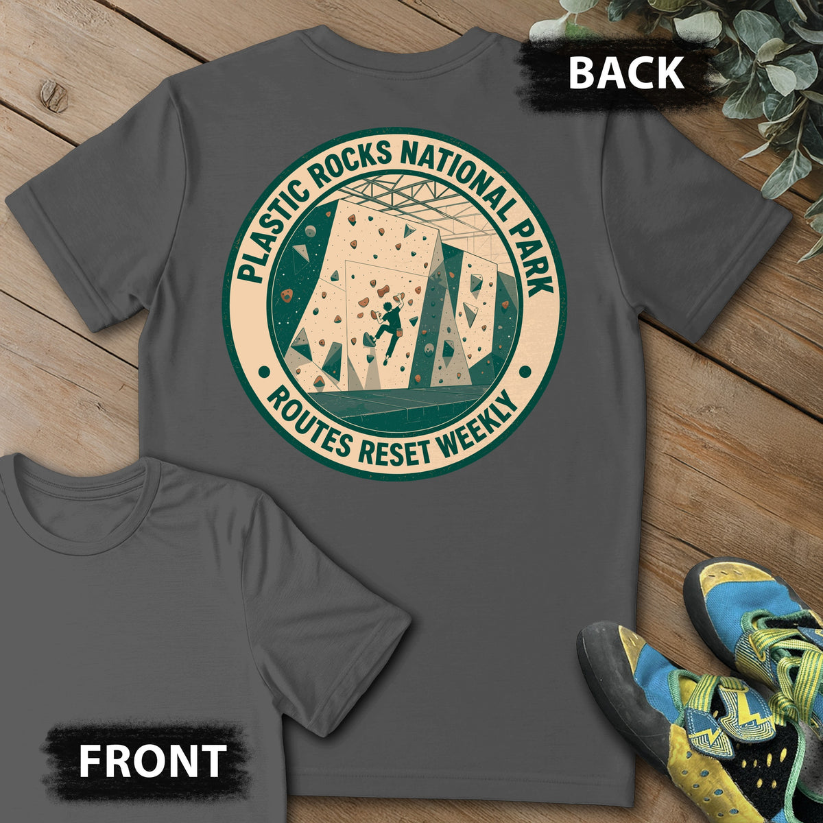 Plastic Rocks Natl Park Backprint Tee in Charcoal — flat lay mockup