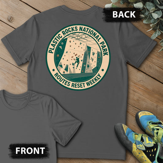 Plastic Rocks Natl Park Backprint Tee in Charcoal — flat lay mockup