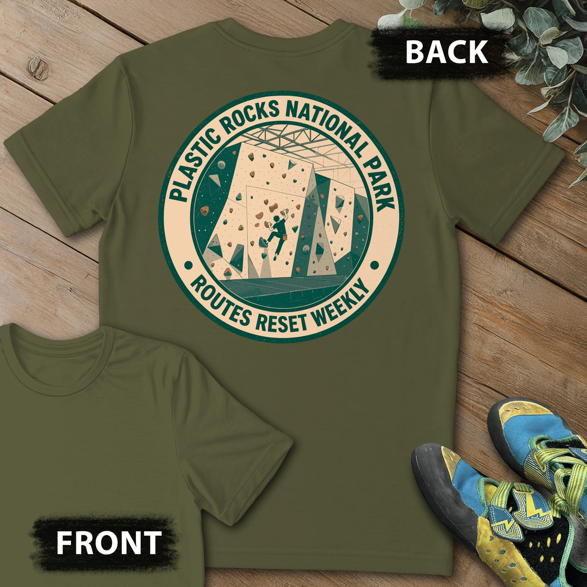 Plastic Rocks Natl Park Backprint Tee in Military Green — flat lay mockup