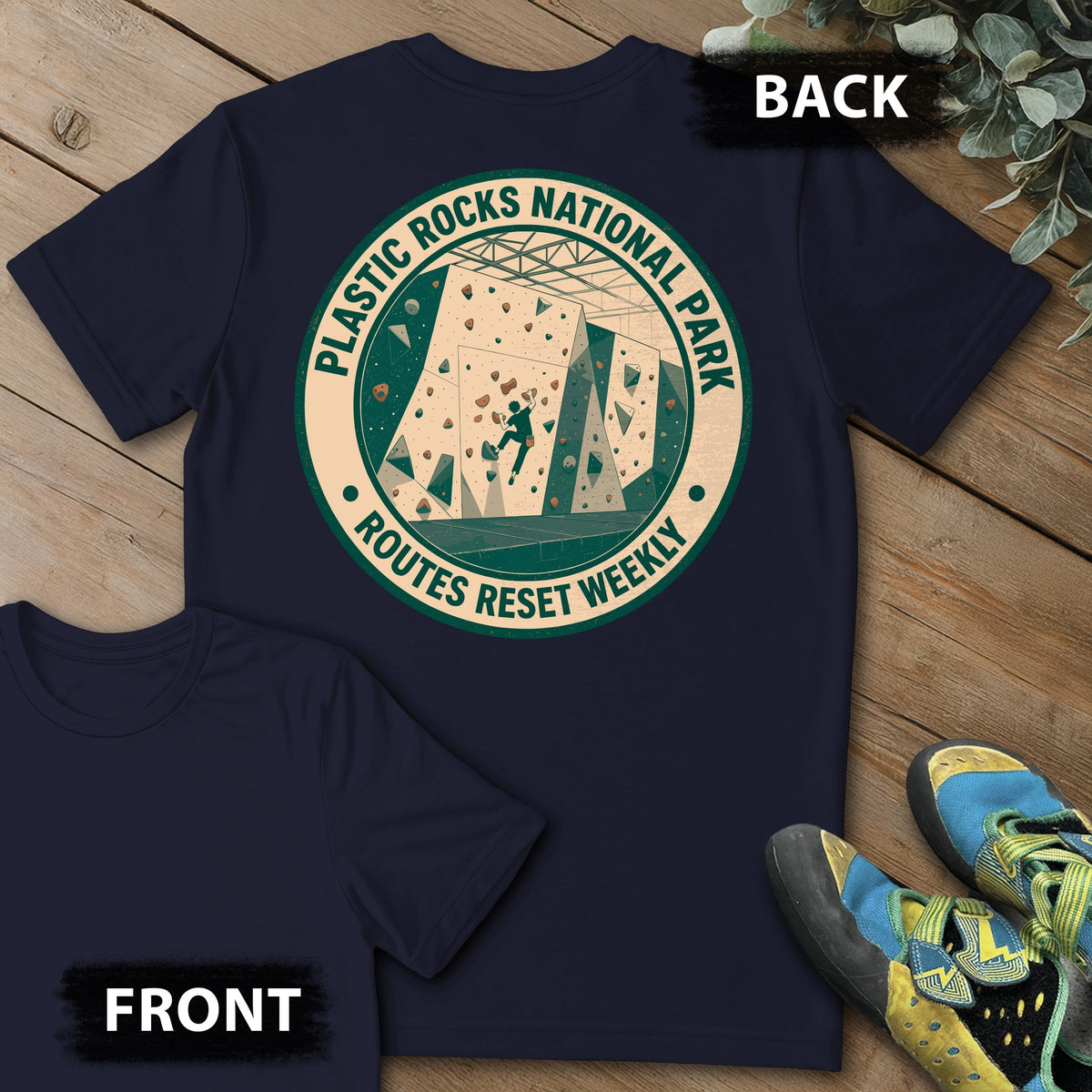 Plastic Rocks Natl Park Backprint Tee in Navy — flat lay mockup