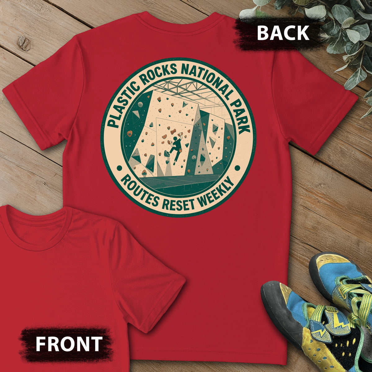 Plastic Rocks Natl Park Backprint Tee in Red — flat lay mockup