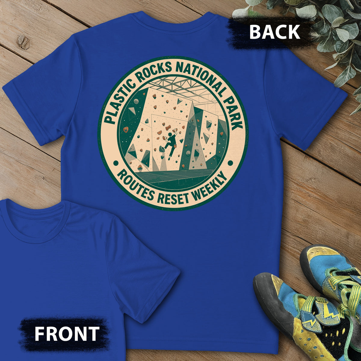 Plastic Rocks Natl Park Backprint Tee in Royal — flat lay mockup