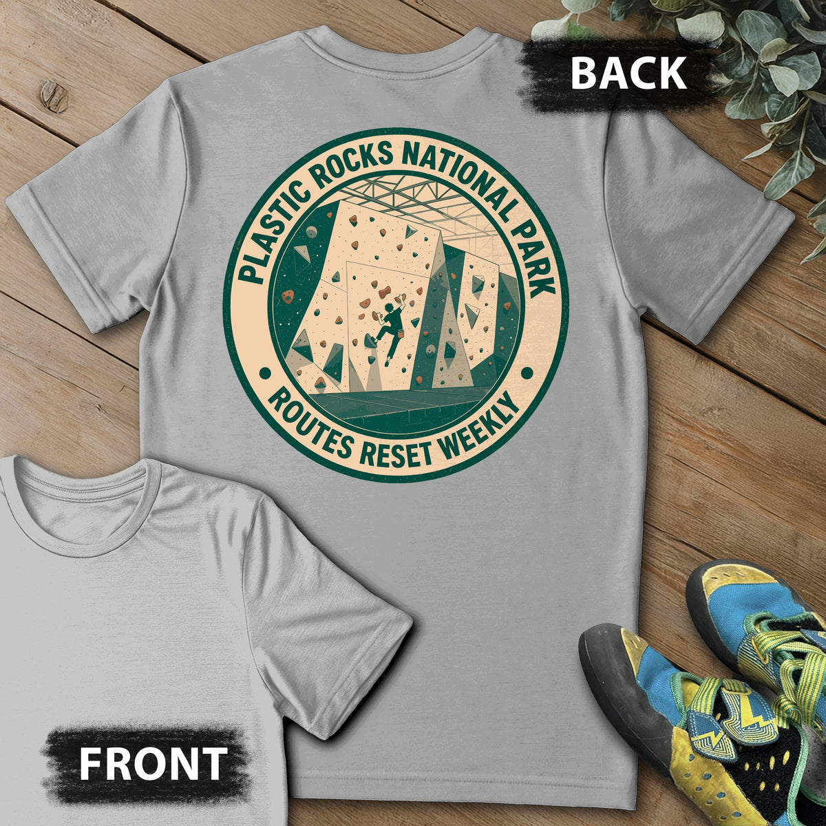 Plastic Rocks Natl Park Backprint Tee in Sport Grey — flat lay mockup