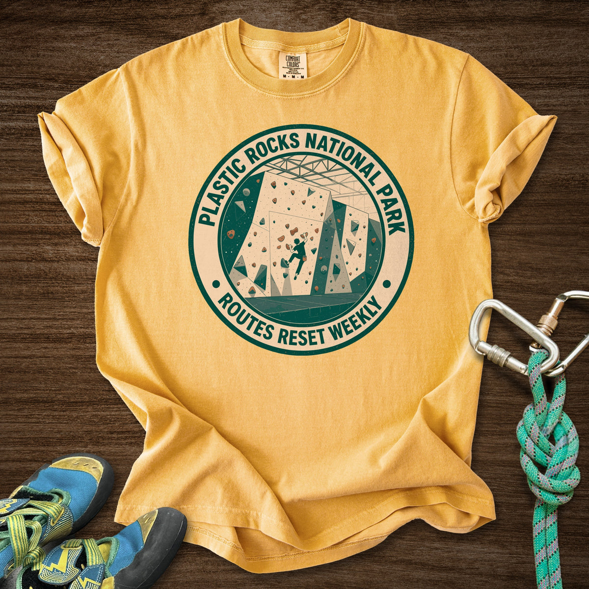 Plastic Rocks Natl Park Premium in Mustard — flat lay mockup