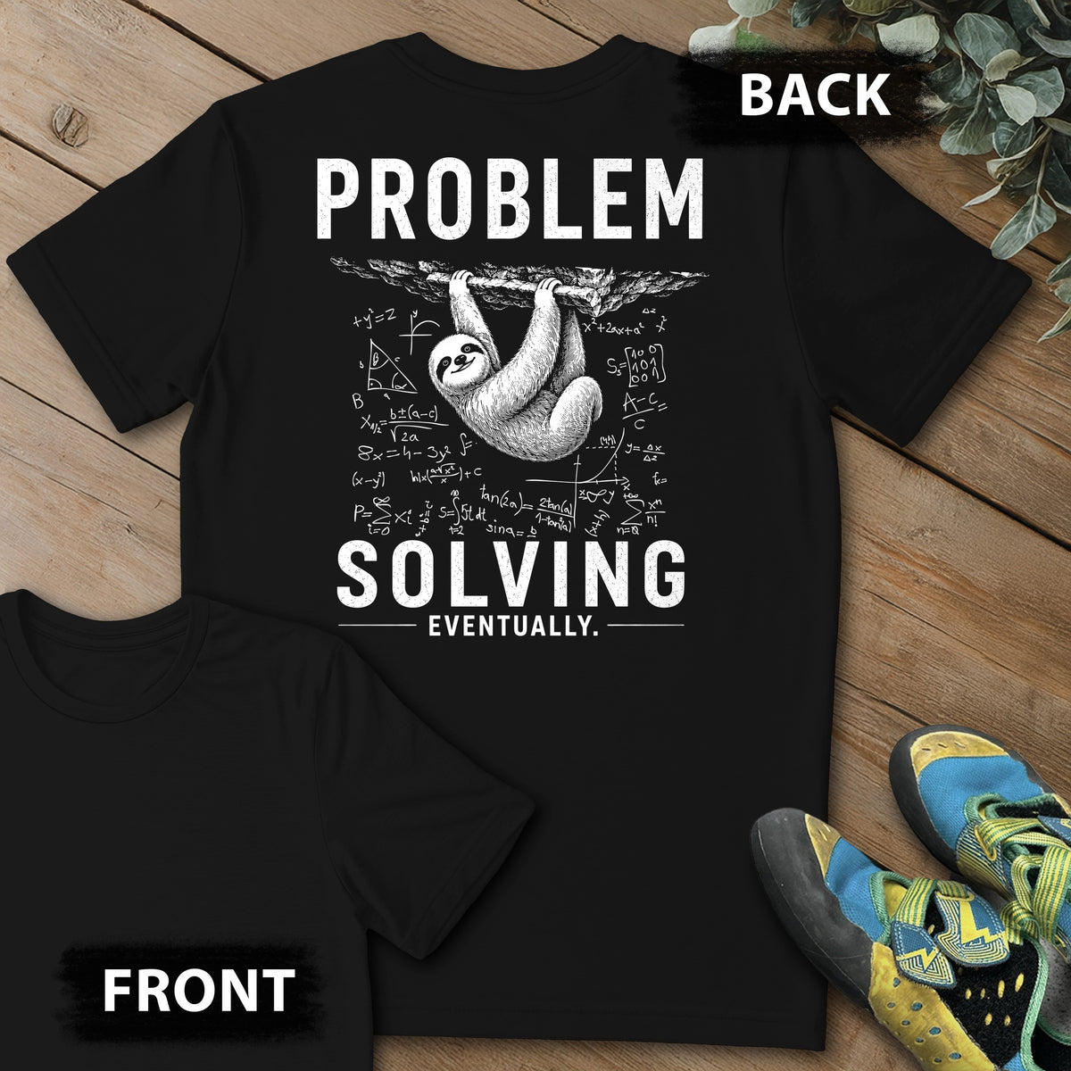 Problem Solving Eventually Backprint Tee in Black — flat lay mockup