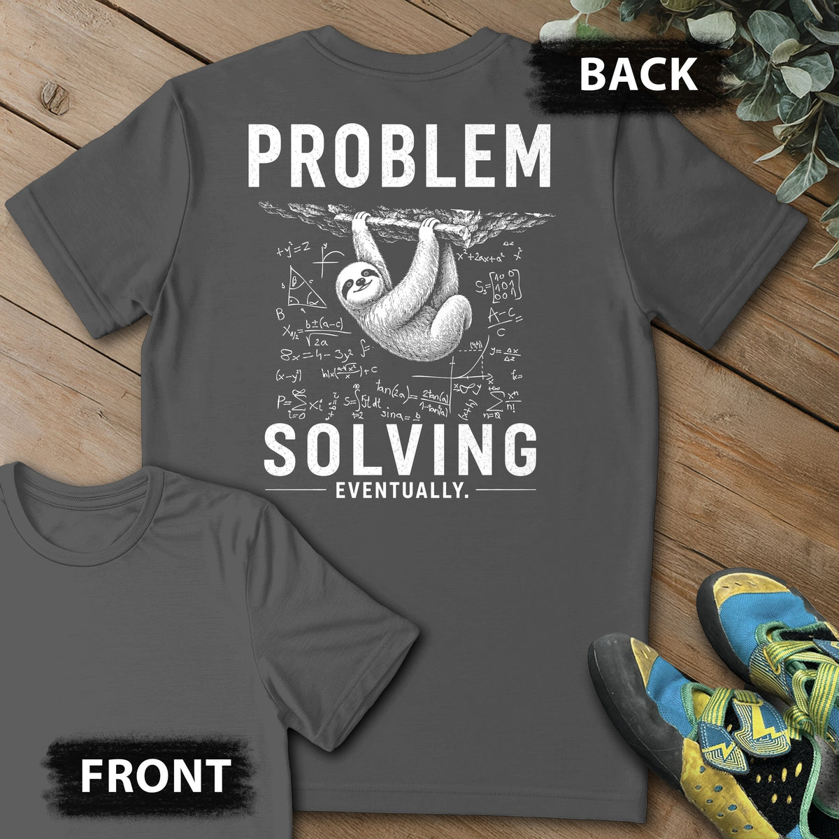Problem Solving Eventually Backprint Tee in Charcoal — flat lay mockup