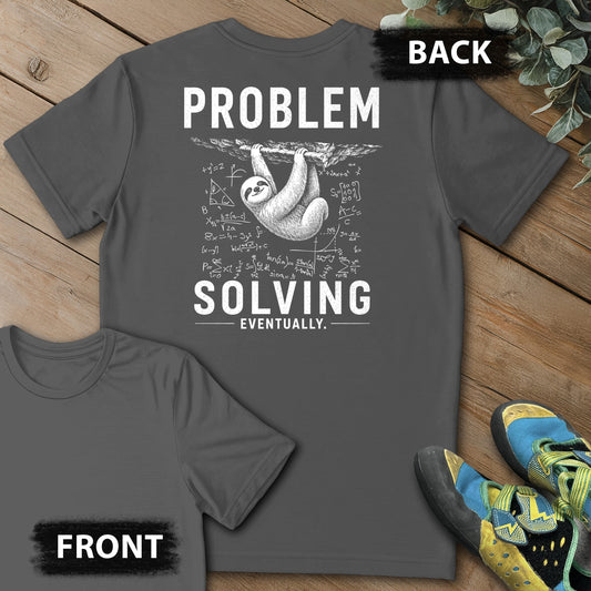 Problem Solving Eventually Backprint Tee in Charcoal — flat lay mockup
