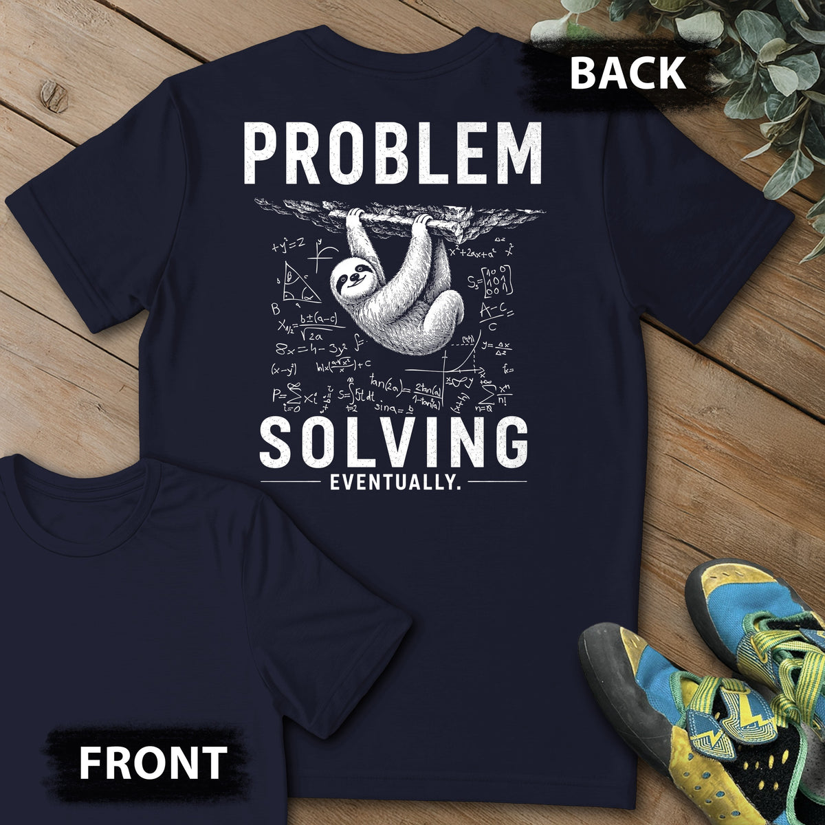 Problem Solving Eventually Backprint Tee in Navy — flat lay mockup