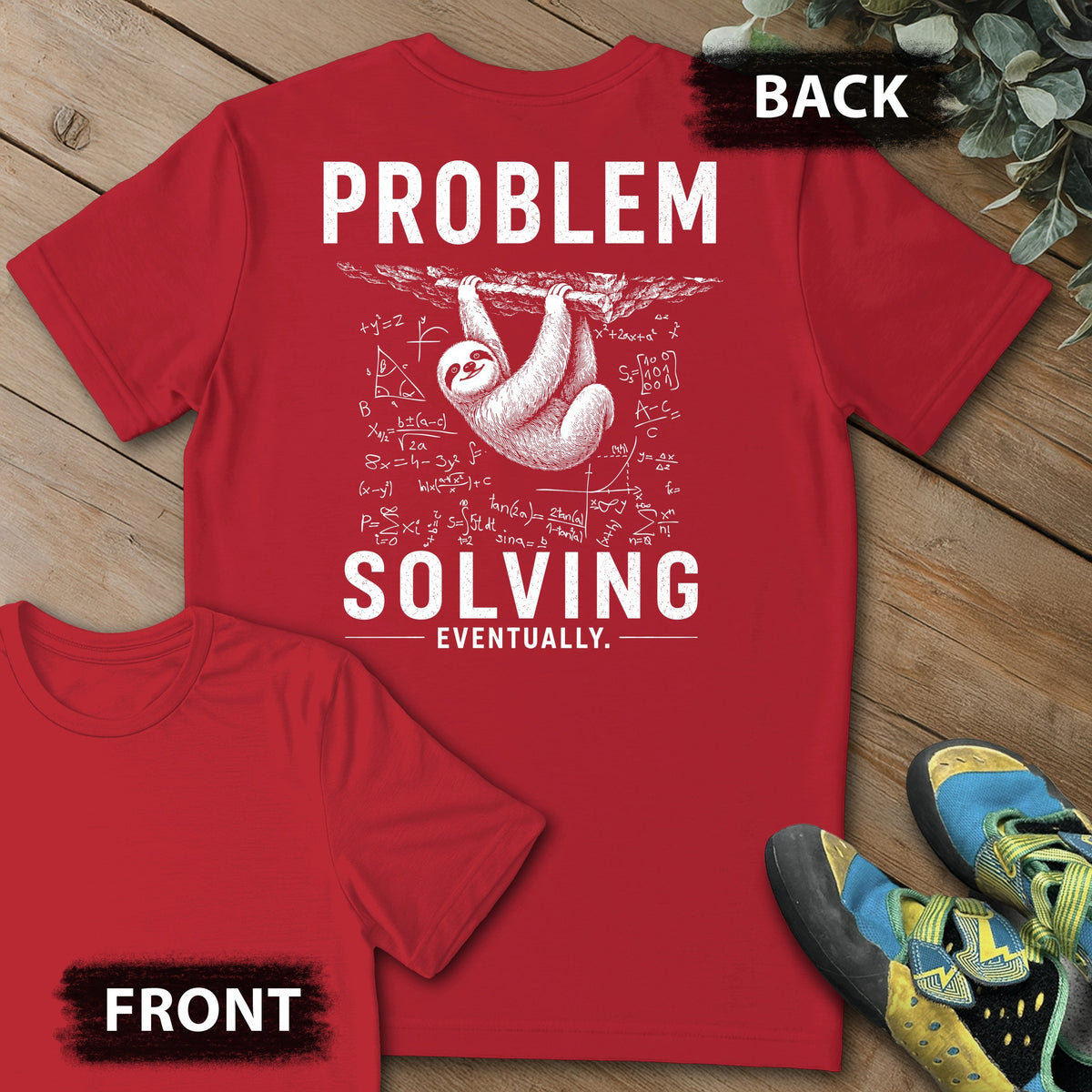 Problem Solving Eventually Backprint Tee in Red — flat lay mockup
