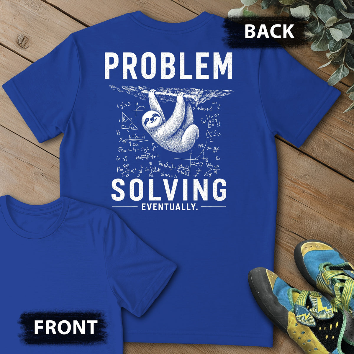 Problem Solving Eventually Backprint Tee in Royal — flat lay mockup