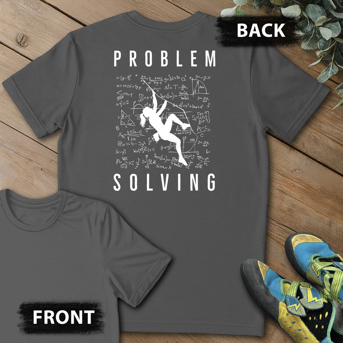Problem Solving Girl Crusher Backprint Tee in Charcoal — flat lay mockup