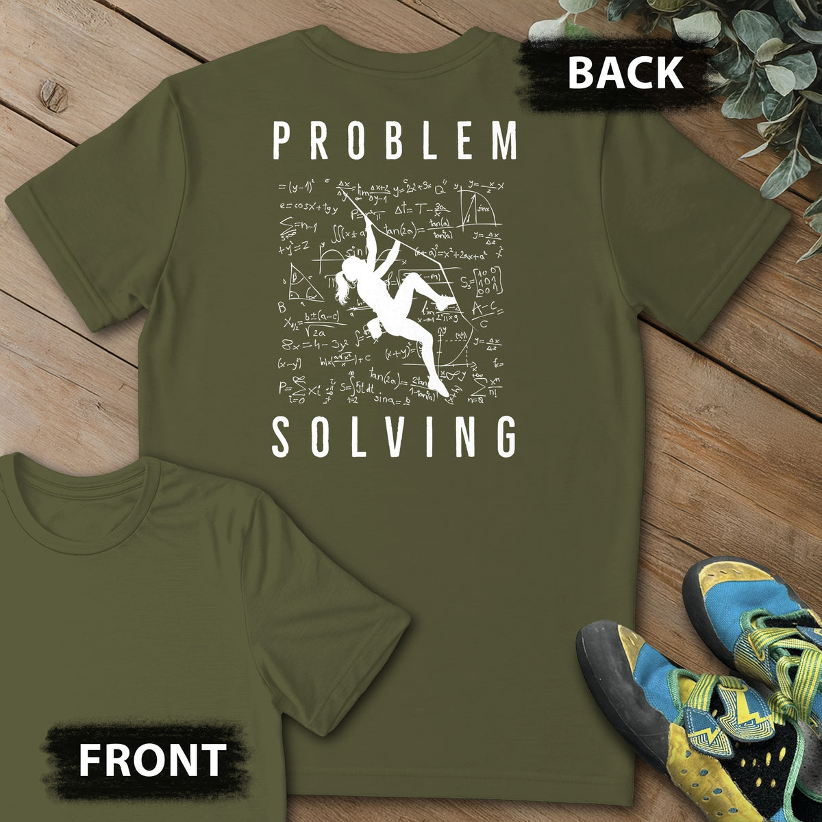 Problem Solving Girl Crusher Backprint Tee in Military Green — flat lay mockup