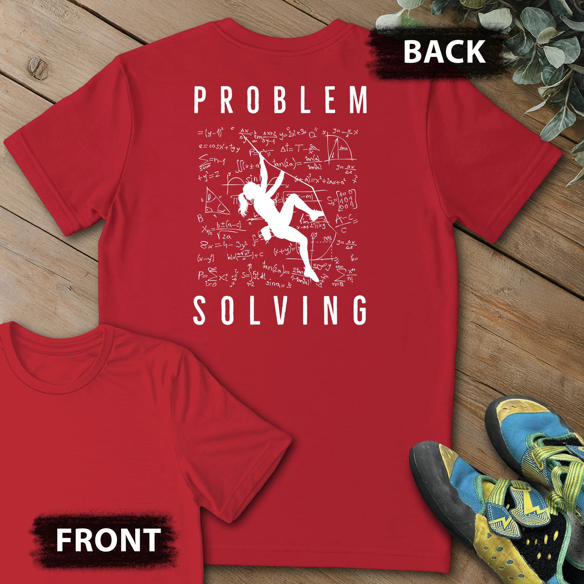 Problem Solving Girl Crusher Backprint Tee in Red — flat lay mockup