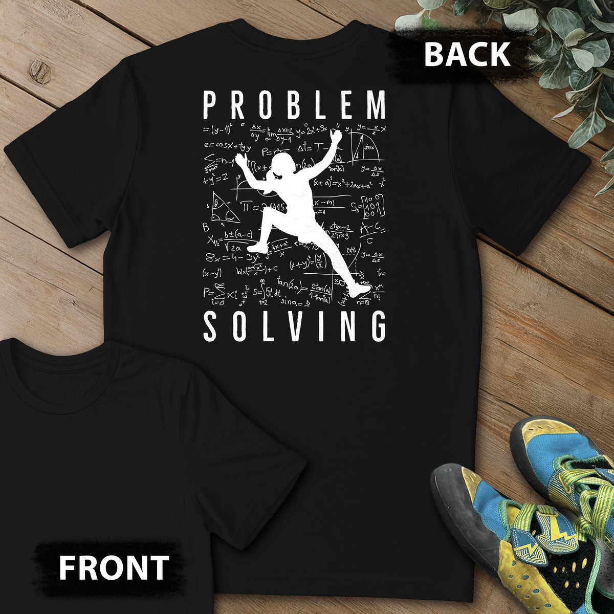 Problem Solving Leg Up Backprint Tee in Black — flat lay mockup