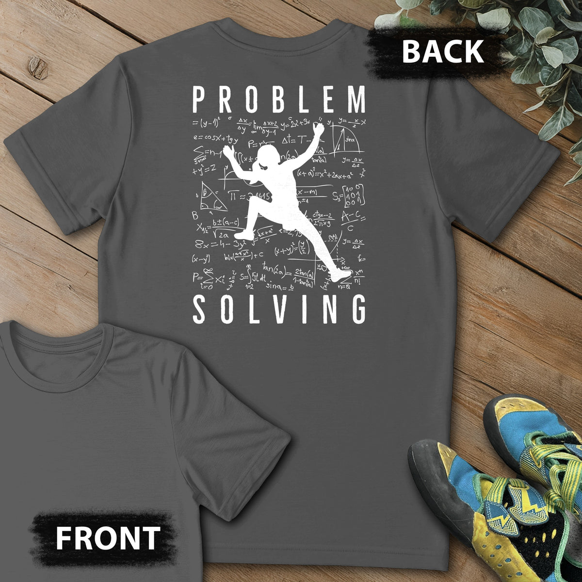 Problem Solving Leg Up Backprint Tee in Charcoal — flat lay mockup
