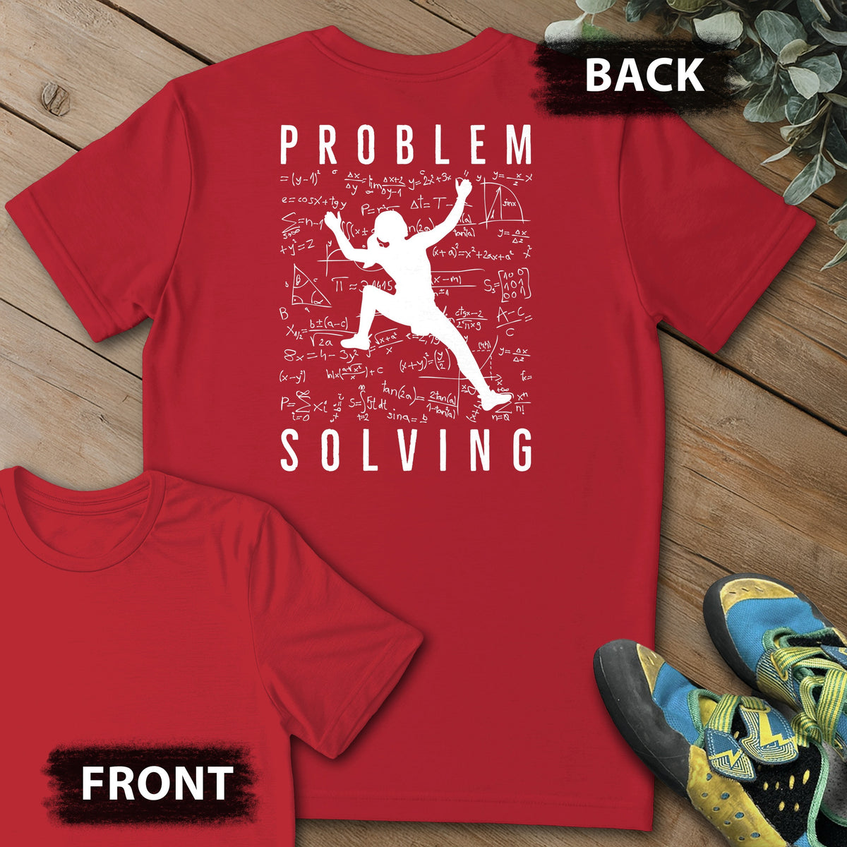Problem Solving Leg Up Backprint Tee in Red — flat lay mockup