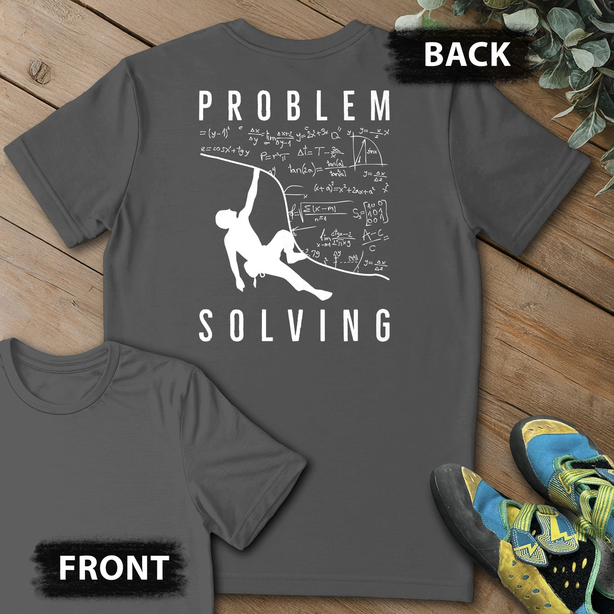 Problem Solving Overhang Backprint Tee in Charcoal — flat lay mockup