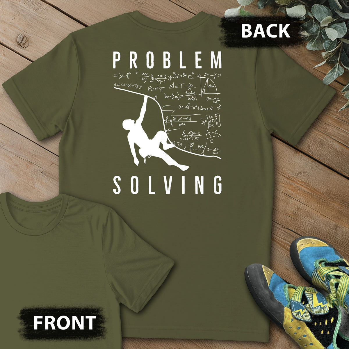 Problem Solving Overhang Backprint Tee in Military Green — flat lay mockup