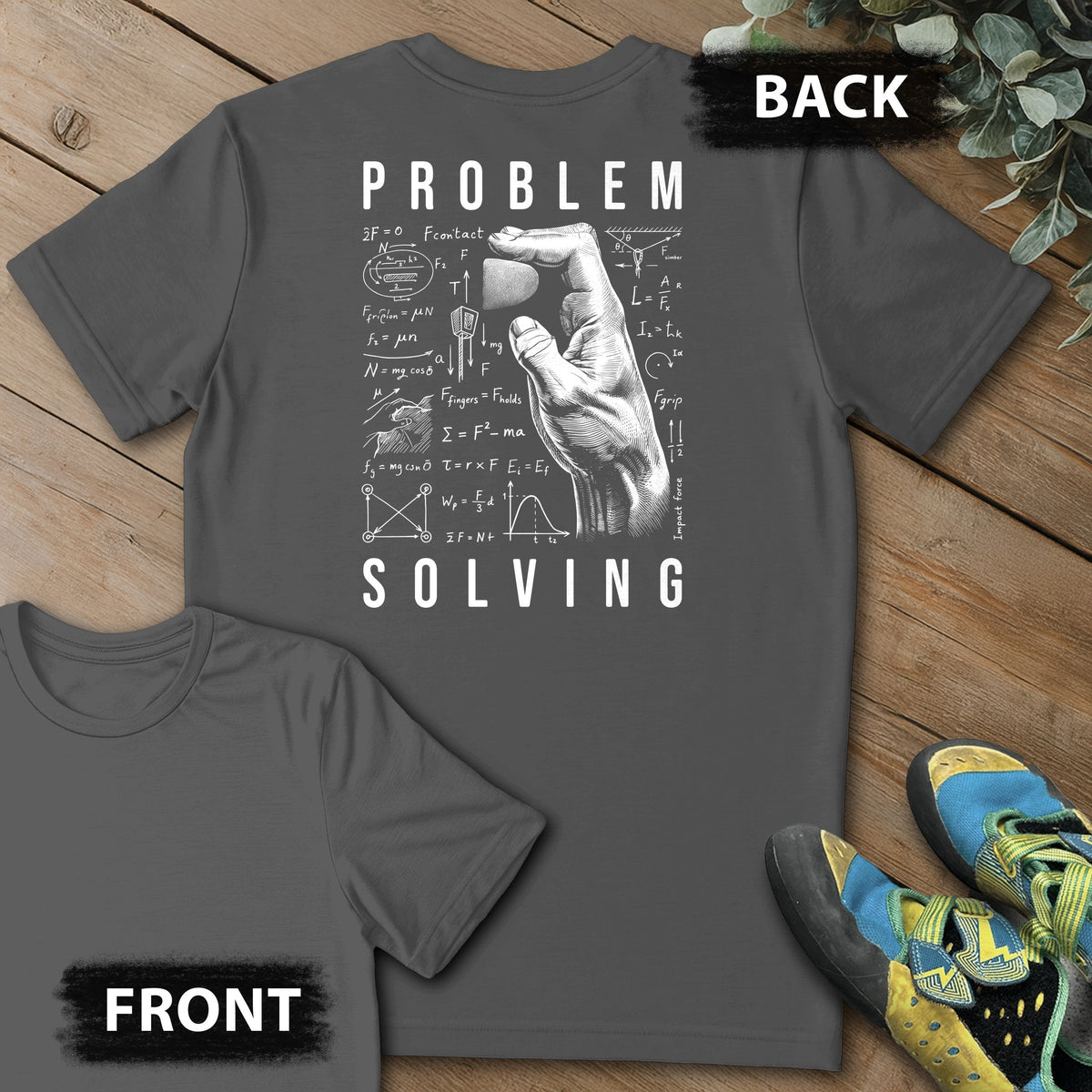 PS Equations Side Crimp Backprint Tee in Charcoal — flat lay mockup