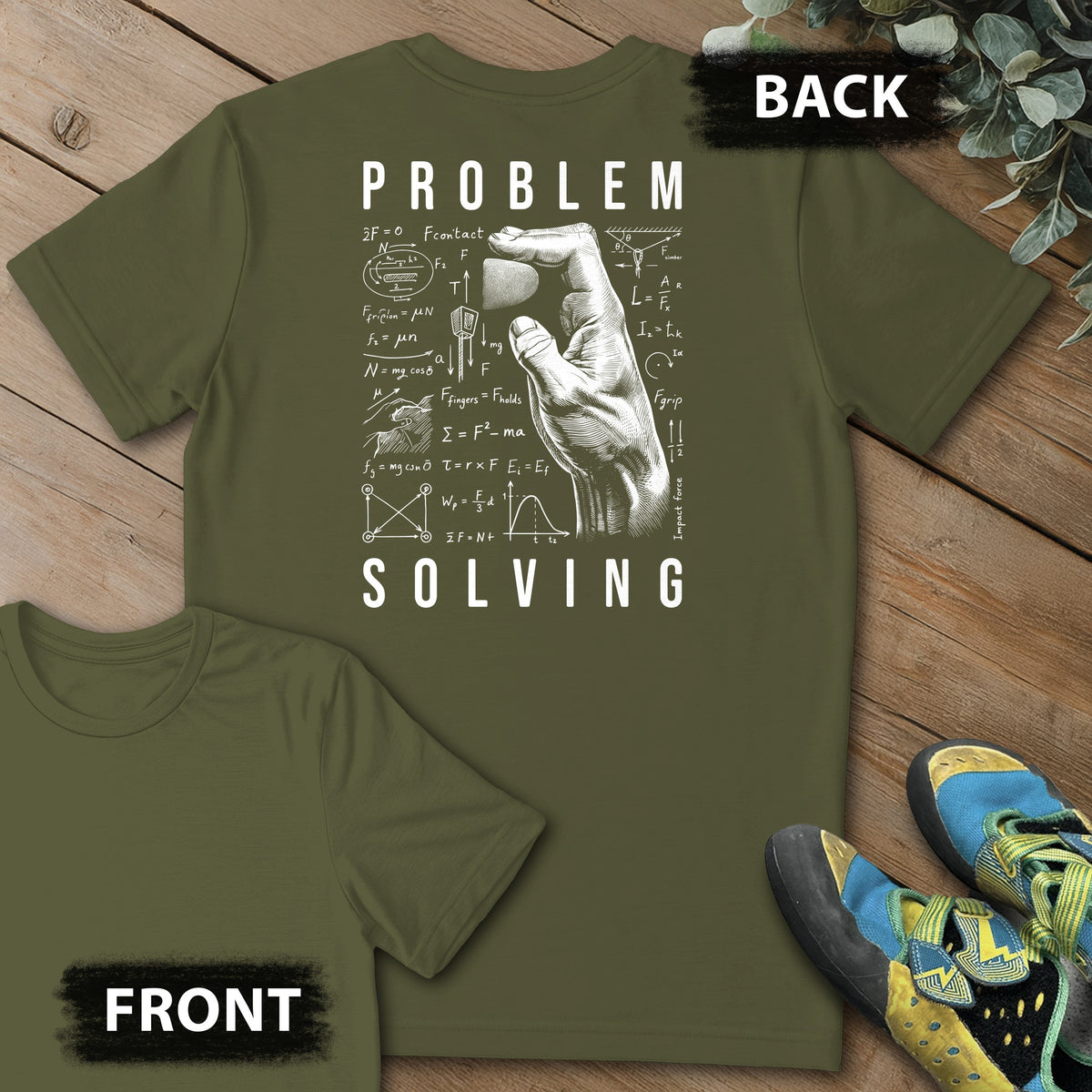 PS Equations Side Crimp Backprint Tee in Military Green — flat lay mockup