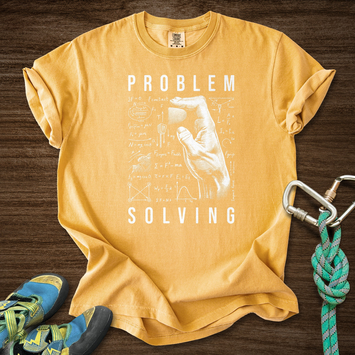 PS Equations Side Crimp Premium in Mustard — flat lay mockup