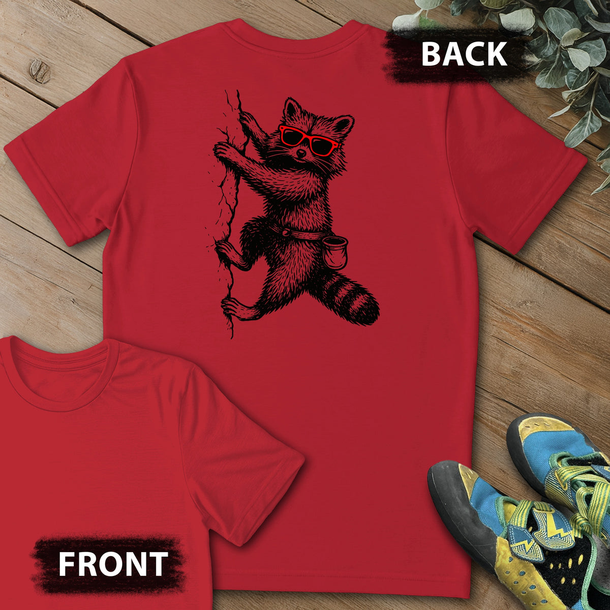 Raccoon Chillin Up a Cliff Backprint Tee in Red — flat lay mockup