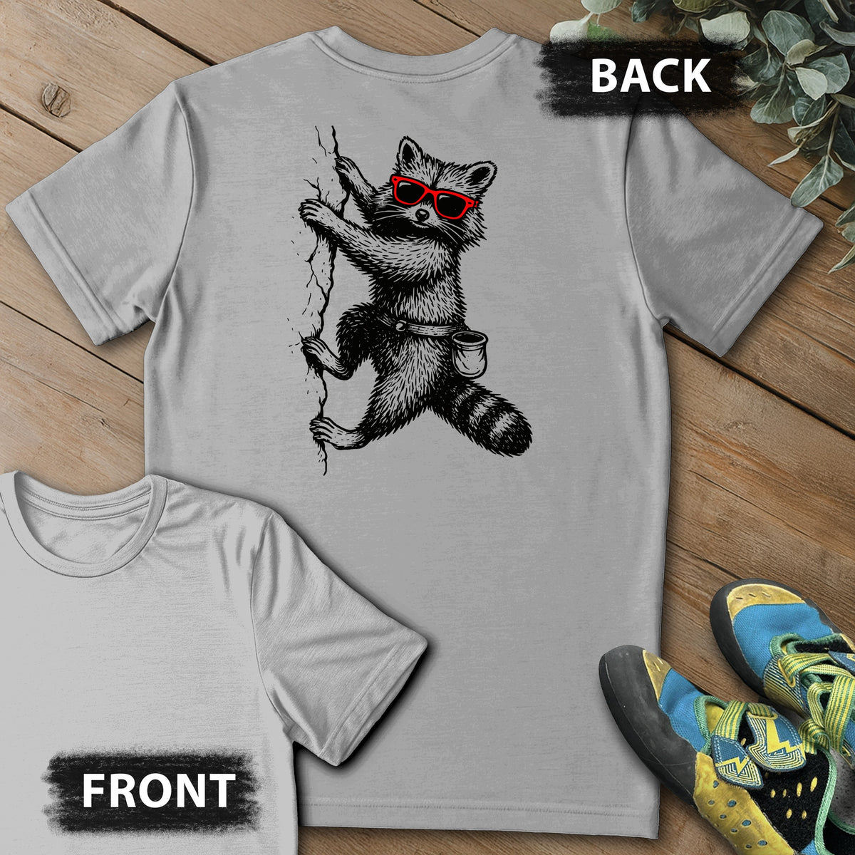 Raccoon Chillin Up a Cliff Backprint Tee in Sport Grey — flat lay mockup